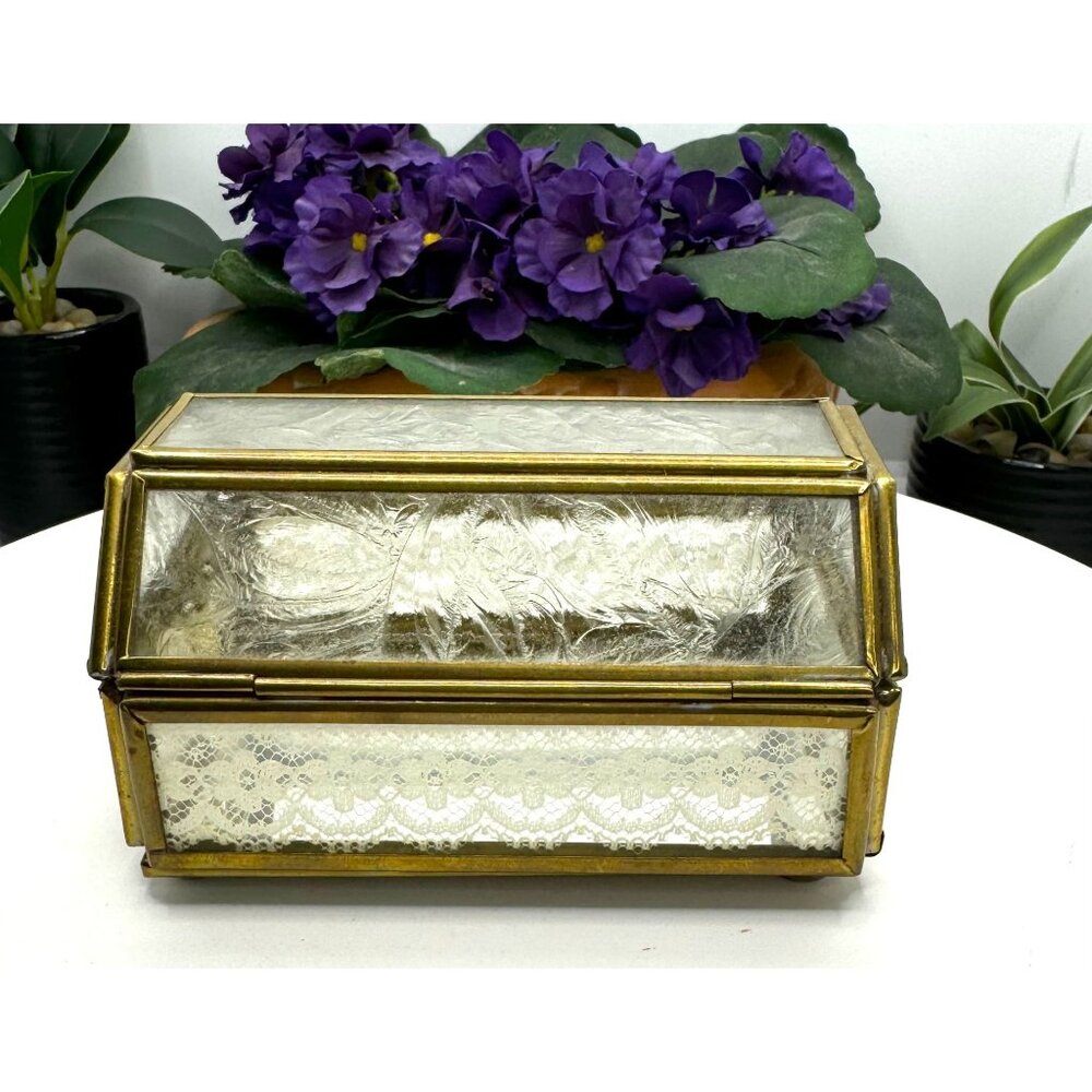 Vintage Via Vermont Handcrafted Glass & Brass Jewelry Box With Lace Detail